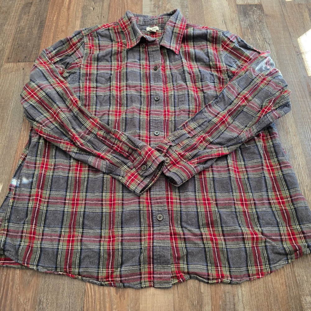 L.L.Bean Flannel Shirt Women 1X Grey Red Plaid Long Sleeve Button Down 278975